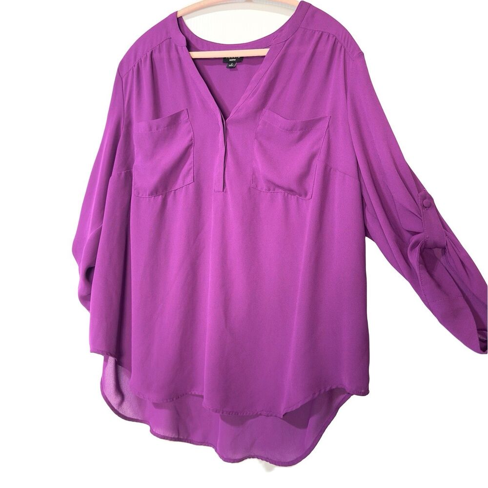 Torrid Harper Blouse Georgette V-Neck Roll Tab 3/4 Sleeve Top Size 2X Purple